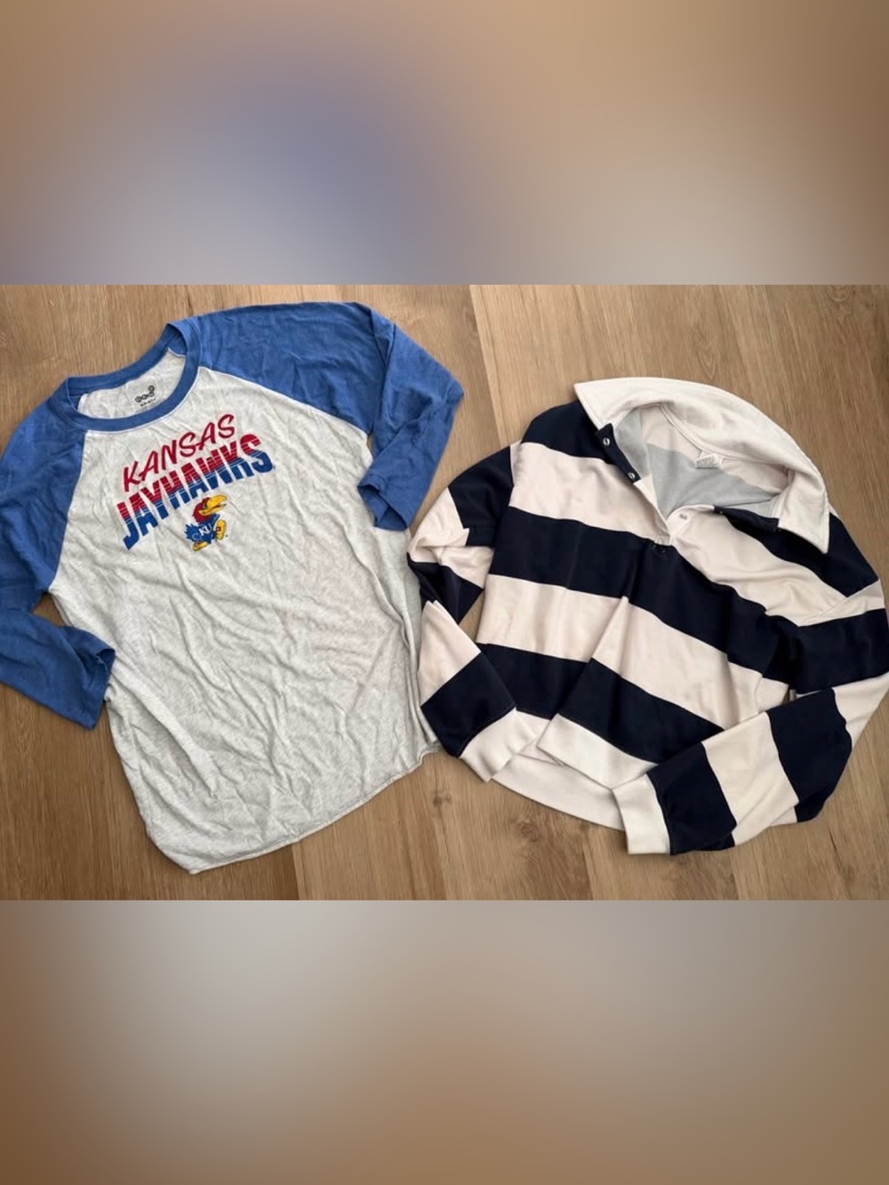 KU Jayhawks Raglan + Navy/White Stripe Top Bundle | Size Medium